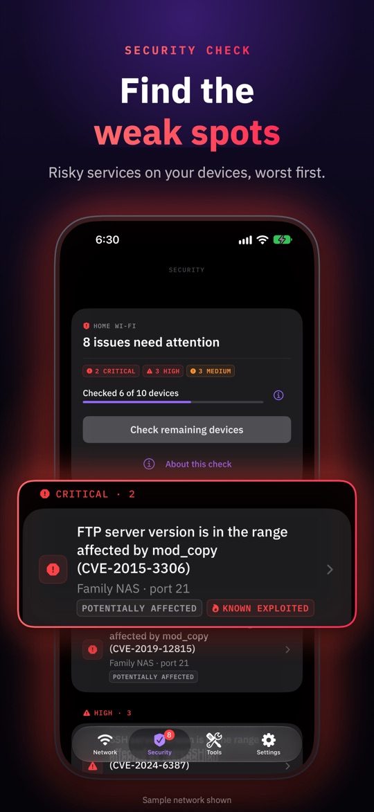 NetSamurai Security tab on iPhone: Find the weak spots, with risky services on your devices listed worst first