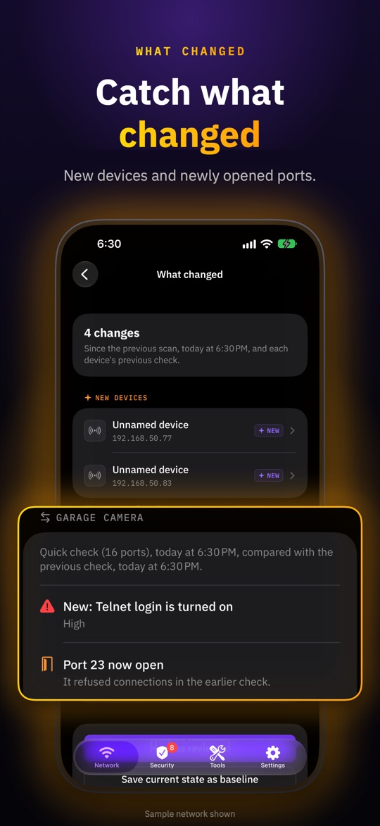 NetSamurai's What changed screen showing new devices and port 23 now open