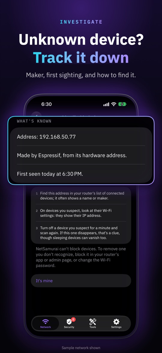NetSamurai's Identify this device screen with maker, first sighting and steps to find the device
